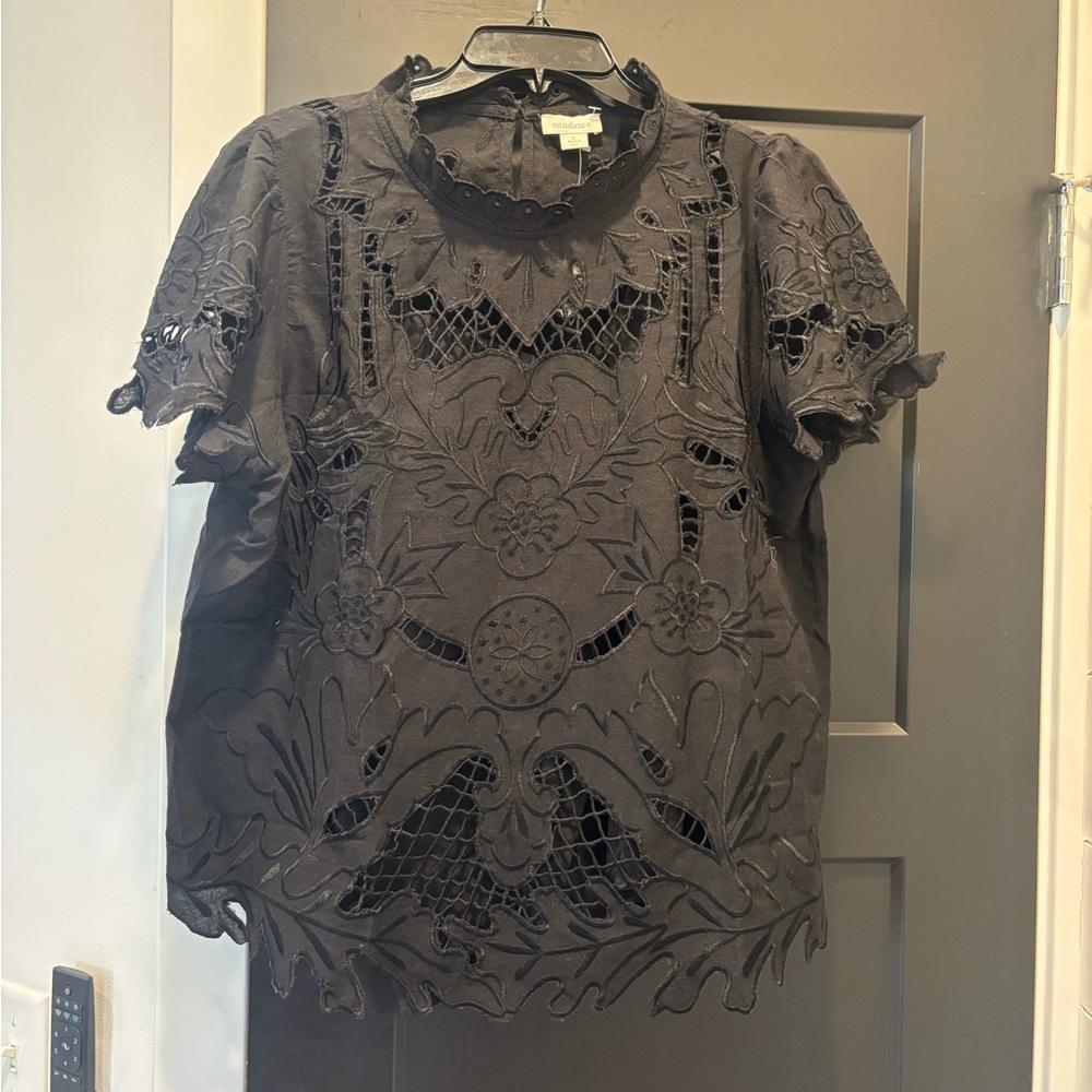 Sundance Ayre Lace Blouse Top Black Cutout Floral Ruffle Cotton Short Sleeve LG - Picture 5 of 13